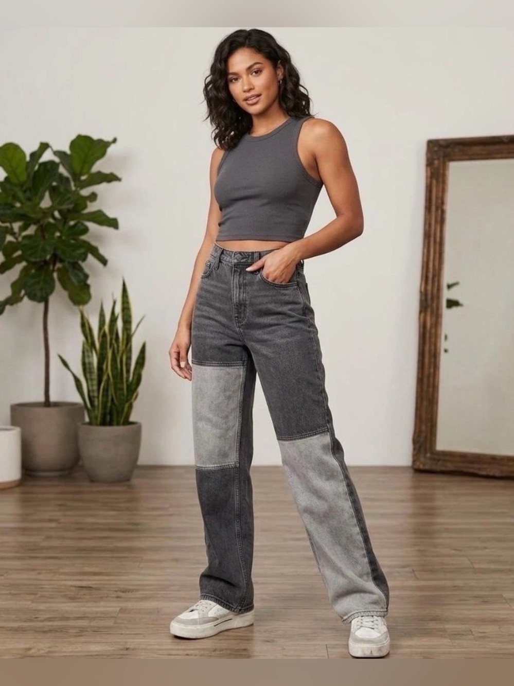 Hollister Ultra High Rise Dad Jeans Womens 9R Black Grey Patchwork Colorblock